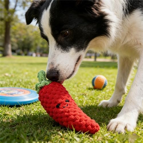 Squeaky Veggies Stuffed Dog Toy Crinkle Plush Interactive Chew Toy for Small Medium Dogs Soft Teething Puppy Toy with Sound Mental Stimulation Birthday Pet Gift (Chili)