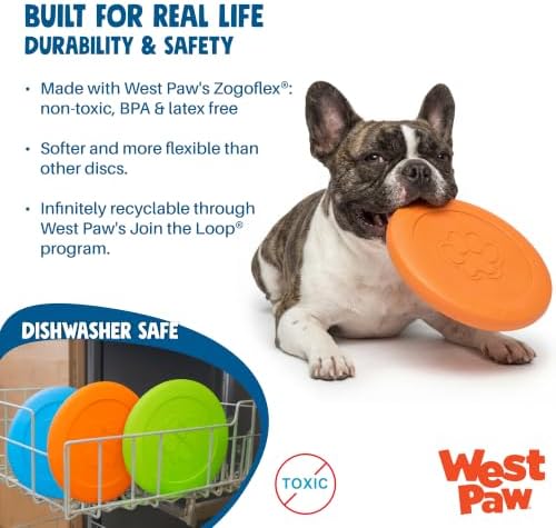 WEST PAW Zogoflex Zisc Dog Flying Disc, High Flying Aerodynamic Disc for Dogs Puppy – Lightweight, Floatable Disc for Fetch, Tug of War, Catch, Play – Doubles as Food/Water Bowl, Large 8.5", Glow