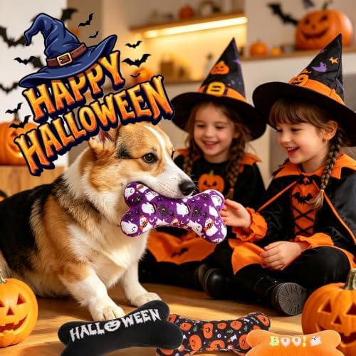 EXPAWLORER 4 Pack Halloween Dog Squeaky Toys,Interactive Plush Bone Toy