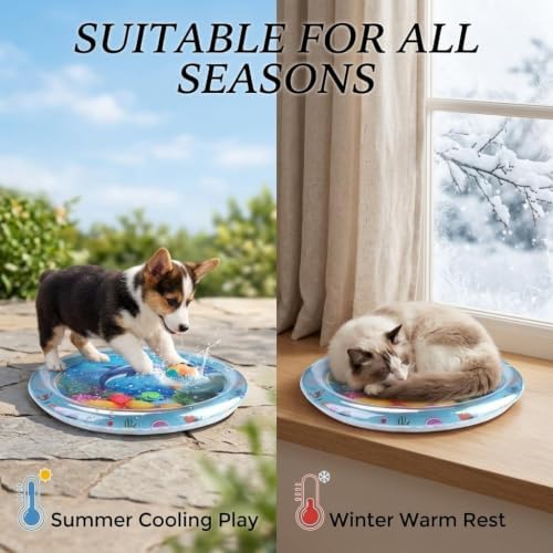 Aqua Cats Water Mat, 25.6 x 25.6 Inch Floating Fish Interactive Playmat, Thick PVC Dual-Use Cooling & Warming Pad, Anti-Scratch Leakproof Non-Slip Foldable Pet Mat (A)