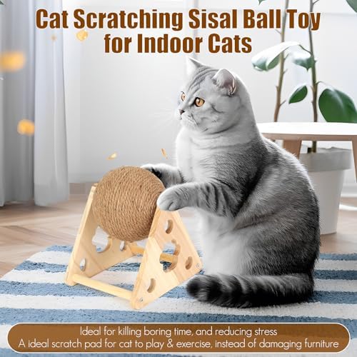 Sisal Cat Scratching Ball, Cat Scratcher Ball Toy with Cute Stable Stand, Interactive Exercise Toy for Small Pet to Play and Exercise
