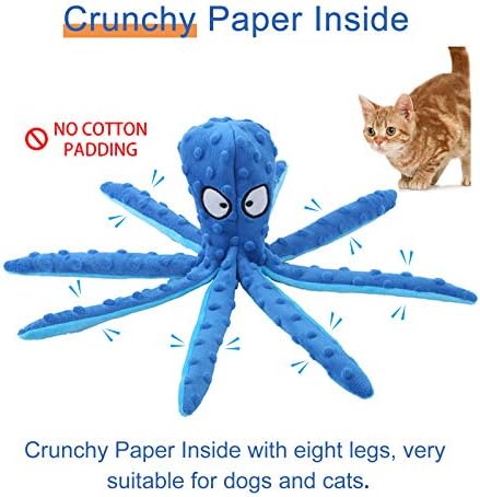 WishLotus Octopus Dog Squeaky Toy - No Stuffing, Plush, Crinkle Paper in Legs, Corduroy Interactive Play & Teething Toy for Small, Medium Dogs (Blue)