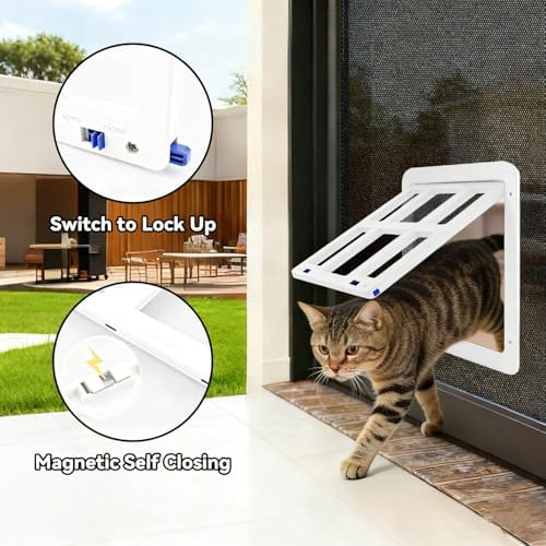 Namsan Cat Door for Screen Door, Passage 8.3 x 10.3 inches, Small Dog Door for Sliding Door, Cat Screen Window, Magnetic Flap Auto Closing, Screen Door with Doggie Door Built in, Lockable, White