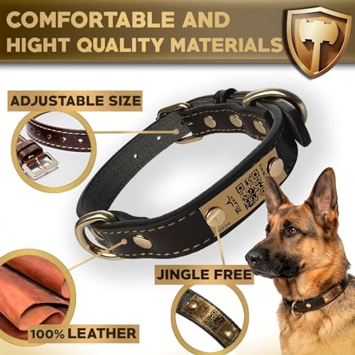 Personalized QR Code Dog Collar - Durable Genuine Leather Pet Collar with Engraved Smart ID Tag, Personalized Dog Collar with Name and Phone Number, Soft Padded Adjustable Neck Strap, Brown