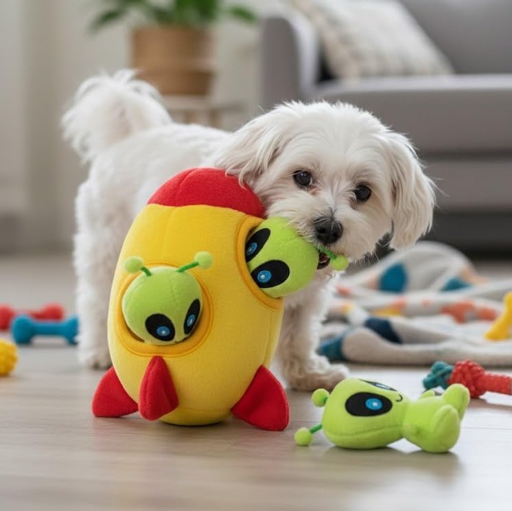 MODERN WAVE - Interactive Squeaky Plush Hide and Seek Squirrel Type Puzzle Toy for Dogs, Small Size (Spaceship and Aliens)