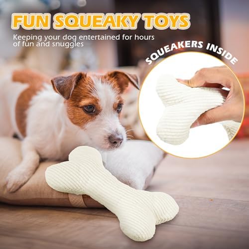 Poen 6 Pcs Bone Shaped Plush Squeaker Dog Toy Small Medium Dogs White