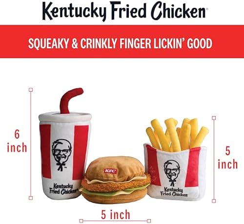 KFC Finger Lickin' Good 3-Piece Plush Dog Toy Set – Chicken Sandwich, French Fries & Soda, Crinkle & Squeaky Interactive Toys for Medium Dogs & Gentle Chewers