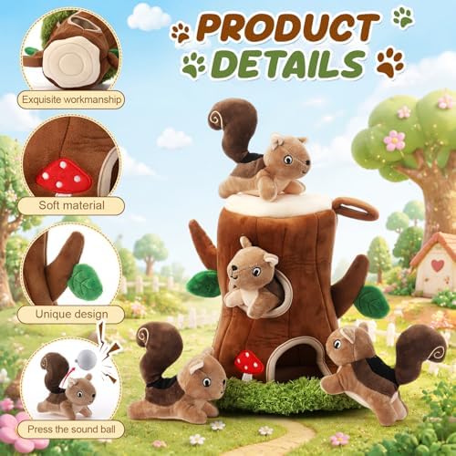 Skylety 7 Pieces Hide and Seek Dog Toys Activity Puppy Chew Squeaky Toys Plush Stuffing Woodland Stuffing with Squeakers for Small Medium Pets Dogs Puppy Gift (Squirrel,Small)