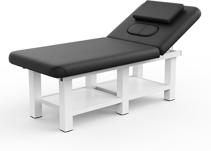 Black Wide Stationary Massage Table with Backrest for Treatment Table Physical Therapy Table Spa Facial Bed, Metal Frame PU Leather 31.5'' Wide 75'' Long Heavy Duty Professional Stationary Massage Bed