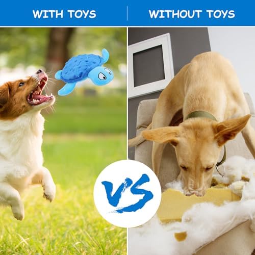 Squeaky Sea Turtle Plush Dog Toy - Durable, No Stuffing (Blue)