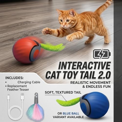 Teazys Cat Toy Turbo Tail 3.0,Interactive Cat Toy Ball, Automatic Cat Toy with Tail, Electric Rolling Ball on Carpet, Cat Enrichment Toys for Small/Medium/Large Cats to Keep Them Busy (2PCS)