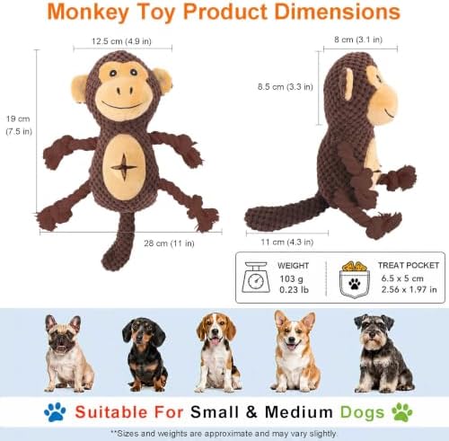 Dog Squeaky Chew Toy, Plush Crinkle Rope Dog Toy - Brown Monkey