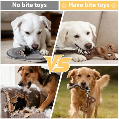 Dog Chew Toys for Aggressive Chewers – Puppies & Adults, Multiple Textures & Rope， ndestructible Tough Durable Interactive Dog Toys， Brown Bone