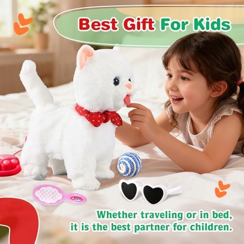 White Leash Walking Cat Set Toy Interactive Talking Cat Singing Dancing Kitten Mimicking Repeat What You Say Kitty Touch and Voice Control Nodding Wagging Tail Plush Electric Robot for Kid Girl