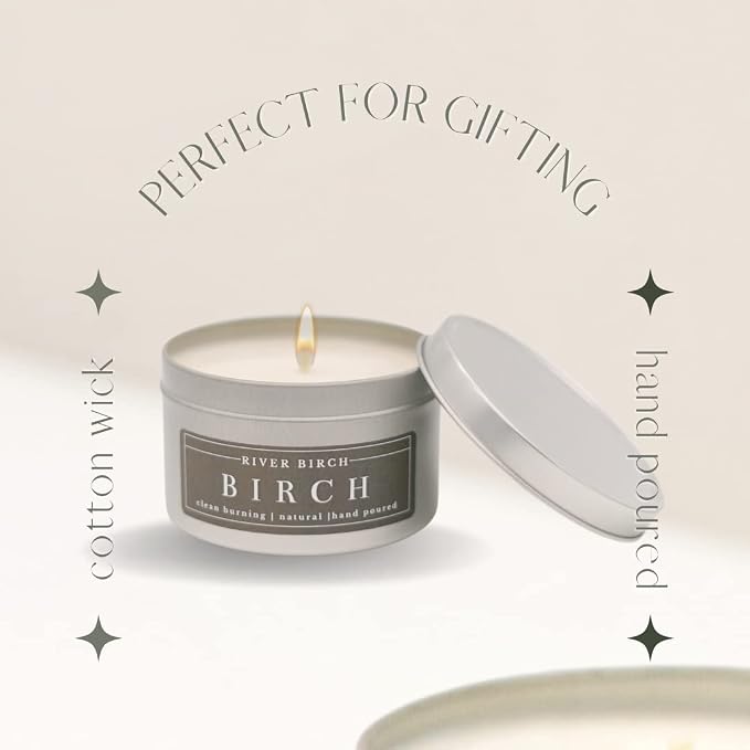 River Birch Candles Birch Scented Candle | Premium, All-Natural, Non-Toxic, Soy Candles | 8 oz. Silver Tin Travel Candle | Cozy Relaxing Gifts for Home