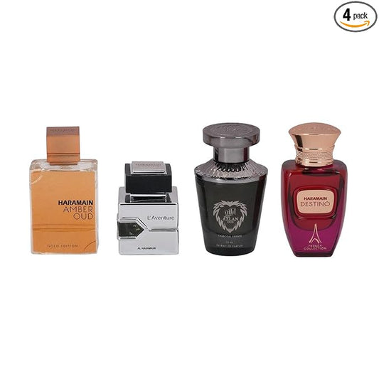 Al Haramain Fragrance Gift Set for Men & Women – 4×10ml each, (Amber Oud Gold Edition + L'aventure + Azlan Oud Charcoal Edition + Destino)