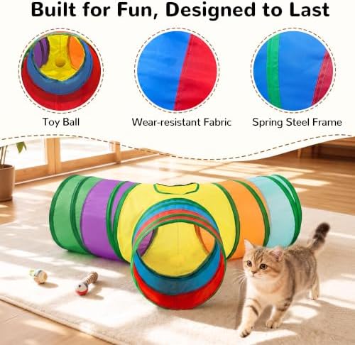 Tempcore Cat Tunnel, 3-Way Collapsible Toy for Indoor Cats, Rainbow