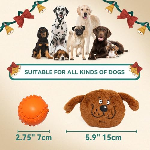 Enjoying Dog Interactive Toys 2-in-1 Dog Plush Squeaky Small Balls Pet Toys Halloween Xmas for Small Medium Large Dogs, Brown Monster