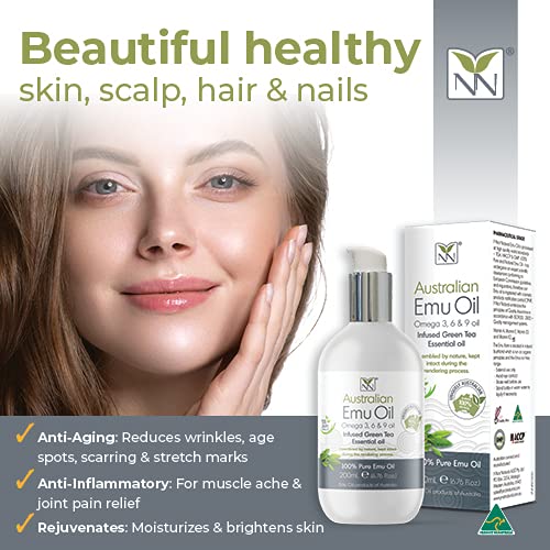 Y Not Natural Pure Emu Oil - Organic Moisture for Face, Body, Hair, Scalp & Nails - Rich in Omega 3-6-9, Vitamins & Essential Minerals - Australian Emu Oil (200ml) 6.76 fl oz - Green Tea
