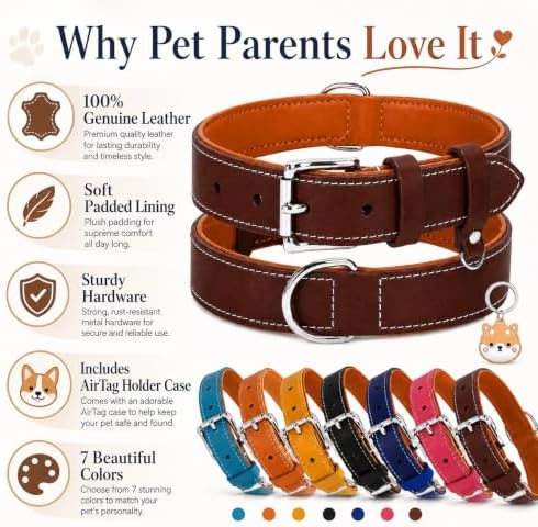 Genuine Leather Dog Collar, Soft Padded Leather Dog Collars with Airtag Holder Case for Small Medium Large X-Large Dogs,Comfort Heavy Duty Pet Collar with Durable Metal Buckle & D-Ring-Brown/S