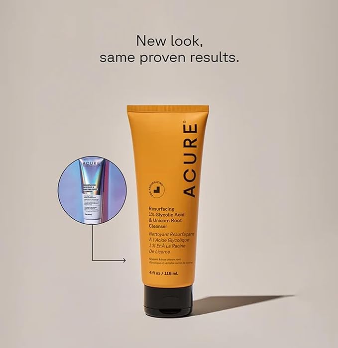 Acure Resurfacing 1% Glycolic Acid & Unicorn Root Cleanser - Exfoliating Face Wash, Glycolic Acid Cleanser for Face, Brightening Anti Aging Cream to Foam Facial Cleanser, Sulfate Free, Vegan - 4 fl oz