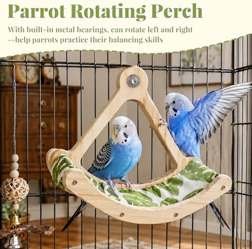 FlidRunest Upgrade Bird Perch Toy with Hammock, Interactive Rocking Parakeet Foraging Toys Green Fabric Mat Hammock, Wooden Exercise Wheel Birds Enrichment Toy Cage Accessories for Budgies Conure
