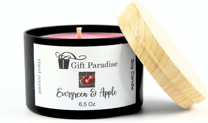 Evergreen & Apple Soy Wax Candle in Black Metal Tin, 6.5 oz, Cotton Wick, White Fir, Forest Apple
