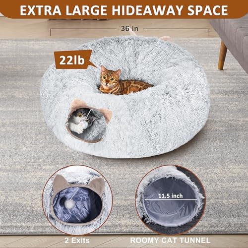Cat Tunnel with Cat Bed for Indoor Cats, Under Christmas Tree Soft Plush Peekaboo Cat Cave Donut Tunnel, Multifunctional Playground Toys Hideplace for Kittens, Rabbit, Ferret (Grey)