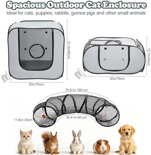 Cat Playpen, 3-in-1 Pop-up Outdoor Cat Enclosure, Gray