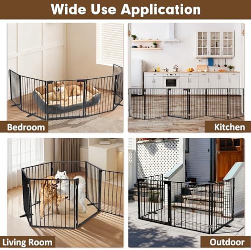 156" Extra Wide Dog Gate, Heavy Duty Metal Freestanding Dog Gate with Door for Indoor & Outdoor, Foldable Pet Fence for Doorways,House,Porch,Deck,Yard,Stairs, Auto Close(6 Panels,Black)