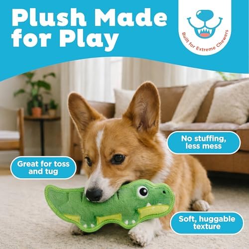 Outward Hound Tough Skinz Dog Toy, Durable Plush with 2X Lining, No Stuffing, Jumbo Squeaker, Alligator, 9.5"
