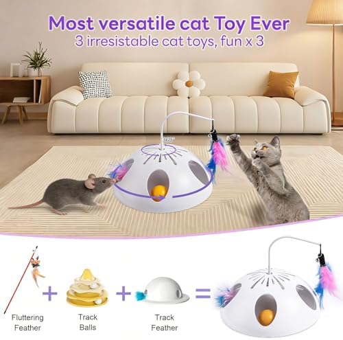 Cat Toys, Interactive Cat Toy for Indoor Cats, Automatic Interactive Kitten Toy, Fluttering Feather, Track Balls, Rotating Track Feather Enrichment Kitty Toys for Multi-cat Family (White)