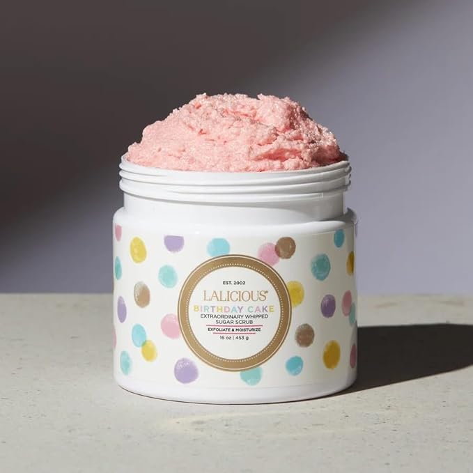 LALICIOUS Birthday Cake w Pink Shimmer - Exfoliating & Moisturizing Whipped Body Scrub | Sugar & Coconut Oil | Gently Buffs & Smooths Sensitive Skin | No Parabens | Large 16oz