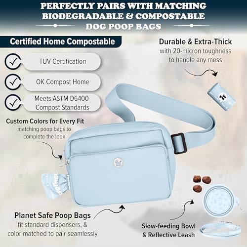 Puppington 3-in-1 Crossbody & Dog Treat Pouch for Pet Training - Matching Compostable Poop Bags, Built-In Poop Bag Dispenser & Slow-Feeding Travel Dog Bowl - Dog Walking Bag (Ice Blue)