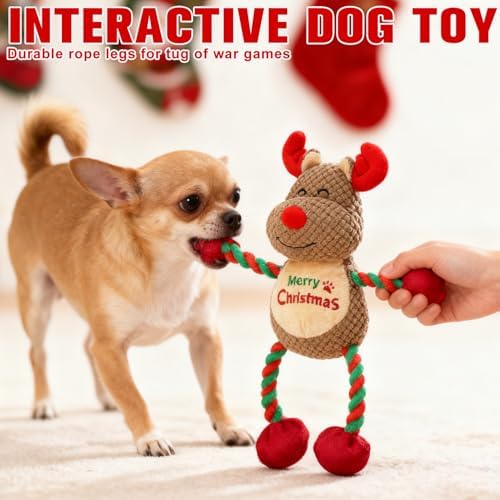 EXPAWLORER Christmas Dog Squeaky Toys - Interactive Reindeer Stuffed Plush Dog Toy with Squeakers Crinkle Paper, Chew Rope Toys for Puppy Small Medium Large Dogs