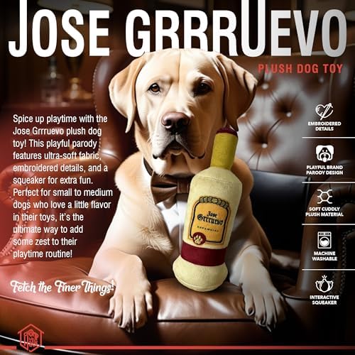 Jose Grrruevo – Luxurious Parody Plush Dog Toy with Squeaker, Premium Fabric, Embroidered Details, Designer-Inspired Chew Toy, Fun Gift for Medium Dogs & Dog Lovers