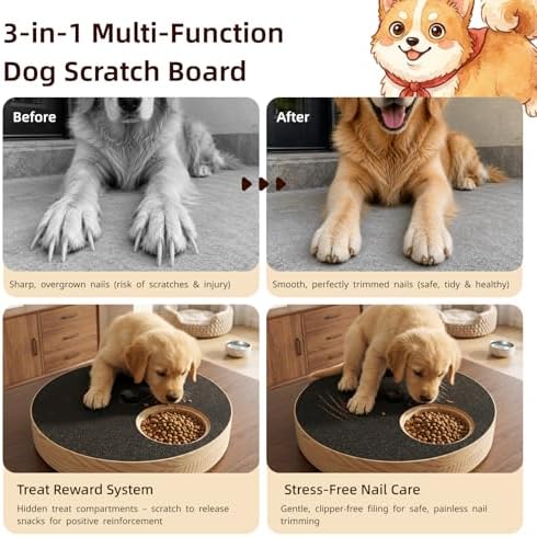 Solid Wood Dog Scratch Pad for Nails with Treat Dispenser, 360° Rotating Dog Nail File Board for Calm Grooming, Heavy Duty Wooden Interactive Scratching Toy for Various Breeds