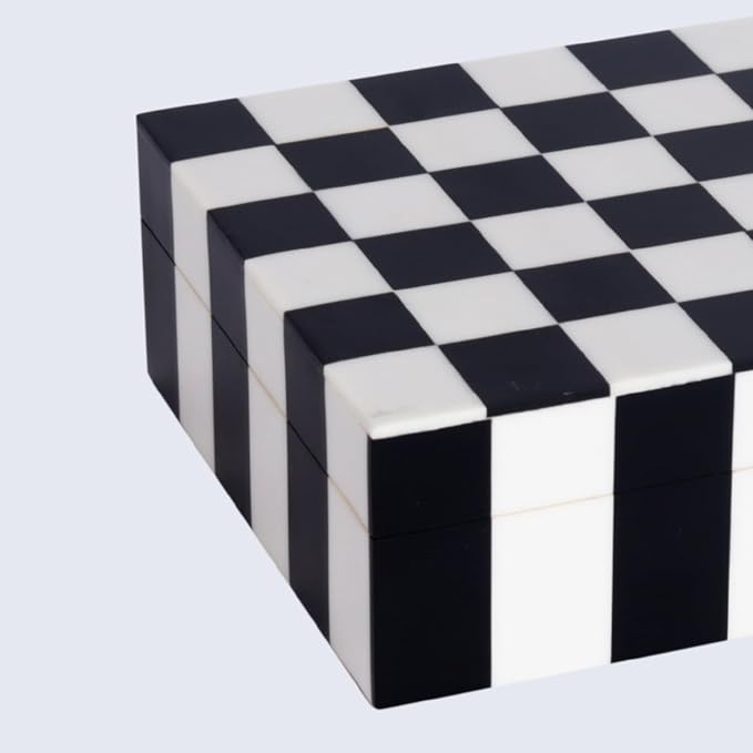 Handicrafts Home Small Decorative Storage Box with Lid, Black and White Keepsake Box, Decorative Trinket Box for Jewelry, Desk Organizer, Coffee Table & Shelf Decor, Puzzle Check - 8 x 5 x 2 Inch