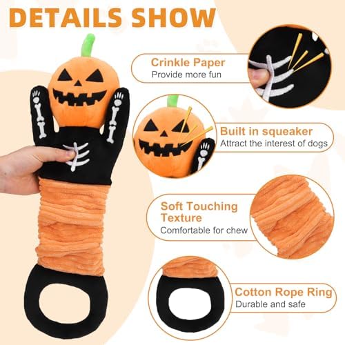 KOOLTAIL Halloween Dog Toys, Tough Plush Dog Chew & Squeaky Toys with Crinkle Paper, Interactive Training & Tug of War Puppy Teething Toy for Indoor Outdoor Play for Small Medium Large Dogs, Pumpkin