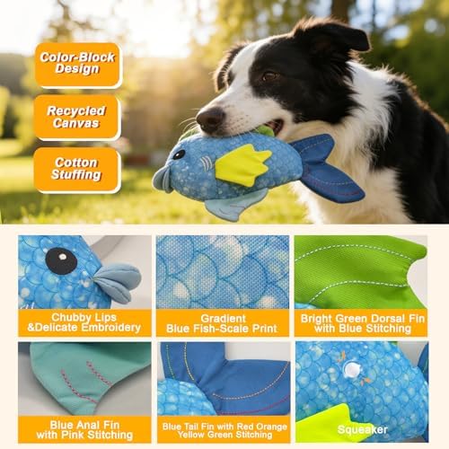 10.63" Recycled Canvas Fish Squeaky Dog Toy, Durable Stuffed Chew Toy for Puppy Teething, Interactive Play for Small Medium Large Dogs, Blue
