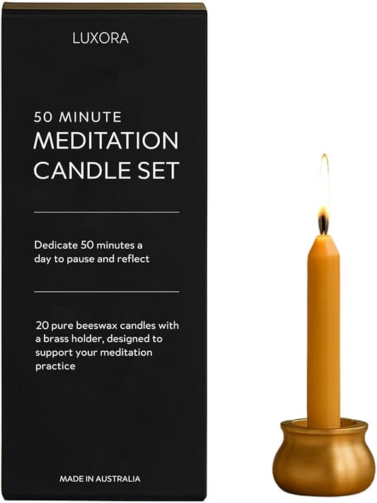 Australian Made 50 Minute Pure Beeswax Candles, Beeswax Meditation Candle Set, Set of 20 mini Candles with Brass Holder, Stress Releif Gifts for Women,Non Toxic Yoga Candle (50 Min Set + Holder)