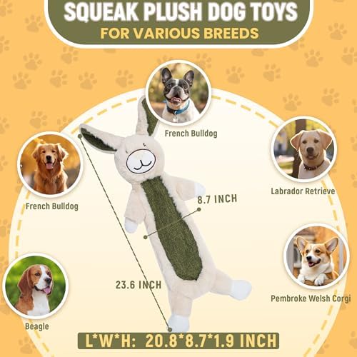 Squeaky Dog Toys for Small & Medium Breeds, Soft No Stuffing Interactive Puppy Teething Chewing Toy with Crinkle Paper, Best Birthday, Christmas, Halloween, Easter Gift, Flat Rabbit
