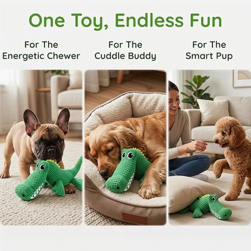 EMMA COLE Plush Chew Toys for Large Dogs, Interactive Plush Toy with Crinkle & Tug of War Tail for Small Medium Large Dogs, Keep Them Busy, Big Pet Toys (Crocodile)