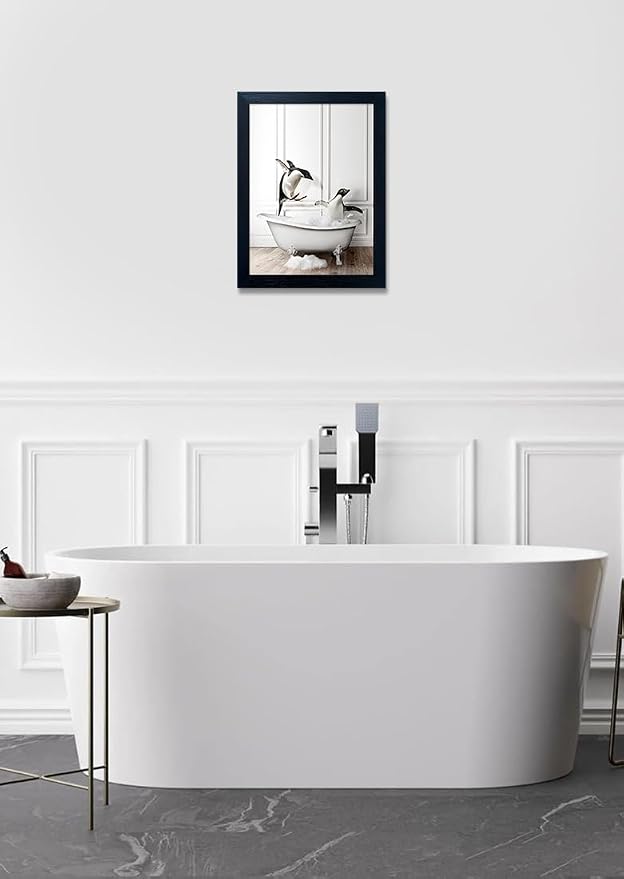 Kids Bathroom Wall Art Framed Black and White Animal Wall Art Cute Penguins in Bathtub Wall Decor Funny Farmhouse Print Pictures Painting for Bathroom