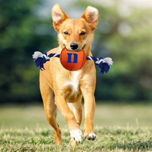 NCAA Duke Blue DEVILSBasketball Rope Toy for Dogs & Cats. Tough Nylon, Sporty Basketball Design, Heavy-Duty Ropes with Inner Squeaker