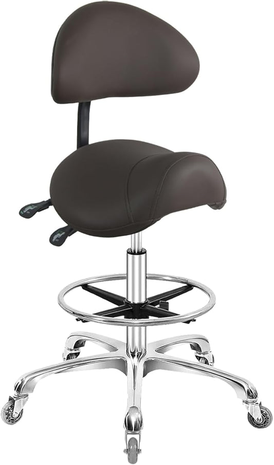 Saddle Stool Chair with Back Support Footrest, Heavy-Duty(350LBS), Hydraulic Rolling Swivel Adjustable Stool Chair for Salon Spa Beauty Massage Dental Clinic Home Office Use(Coffee)