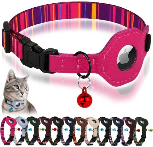 Breakaway Cat Collar with Leather AirTag Holder & Bell - Apple Air Tag Cat Collars for Girls & Boys, Lightweight Anti-Lost GPS Tracker Design, Printed Pattern - Safety and Adjustable (Striped)