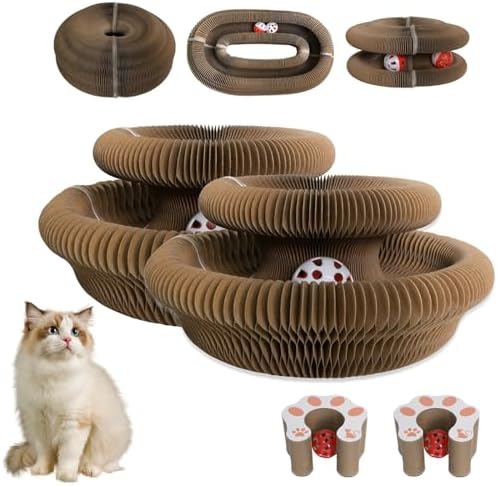2 Pack Cat Scratcher Board Foldable with Bell Ball, Magic Organ Cat Toy for Cats, Protects Furniture, Corrugated Cardboard Scratching Pad，Interactive Mental Physical Exercise for Indoor Cats Toy