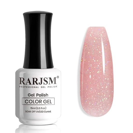 RARJSM Nail Polish Nude Glitter Rose Pink Jelly Shimmery Iridescent Rainbow Pigments Sparkly Red Pink Translucent Natural Gel Polish Soak off UV LED Cured 15ml Single Bottle
