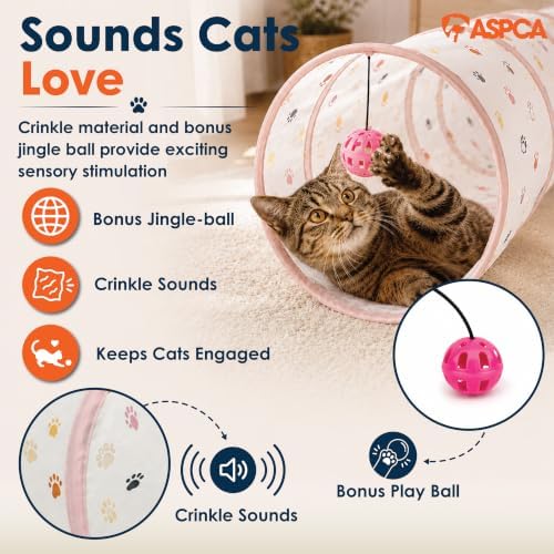 ASPCA Cat Tunnel with Rattle Toy – Interactive Collapsible Cat Tunnel for Indoor Cats, Crinkle Play Tunnel with Hanging Rattle Toy, Encourages Hiding, Chasing, Pouncing & Active Play, Paw Printed